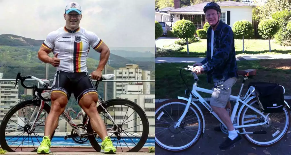 Robert Förstemann standing on balcony in front of bike on left, Ed Begley stradling a bike in front of his home on right