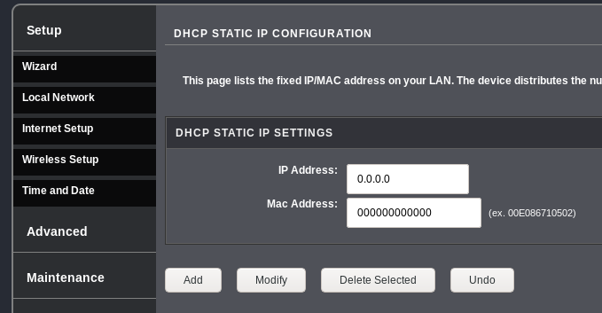 partial screenshot of router static ip address configuration page